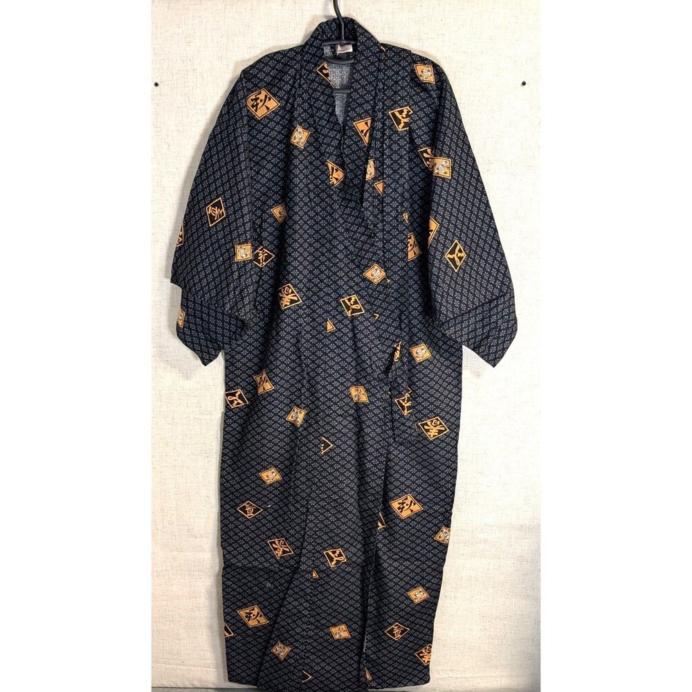 Sakurai Shoji Japan Cotton Yukata Kimono Robe Size M Black/Gray w/ Gold Design